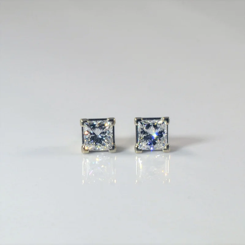 Stud Earrings with Floral Motifs -Guardian Back Princess Diamond Stud Earrings | 1.08ctw |