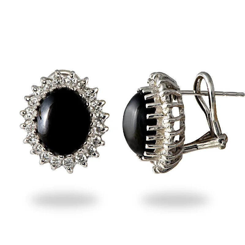 Ethnic Drop Earrings with Tribal Design -Princess Ka‘iulani Black Coral Earrings in White Gold with Diamonds - 10mm