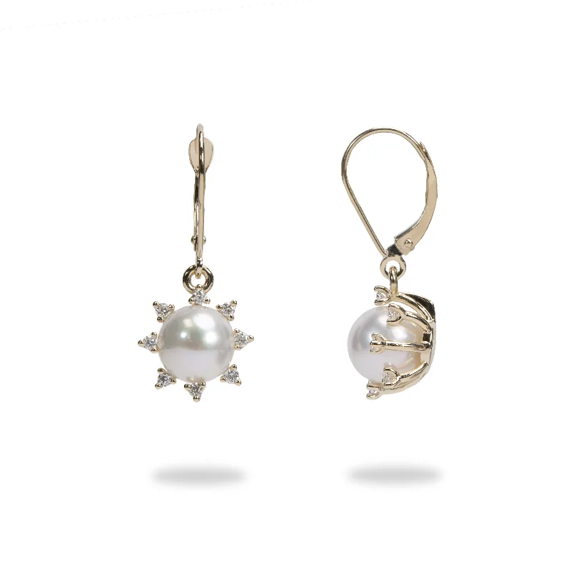 Drop Earrings for Mother's Day -Protea Akoya Pearl Earrings in Gold with Diamonds - 8mm