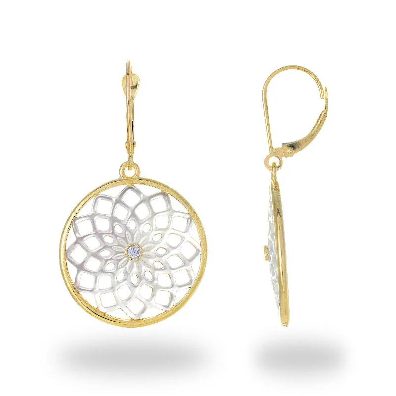 Tarnish Resistant Drop Earrings for Longevity -Protea Mother of Pearl Earrings in Gold with Diamonds - 22mm