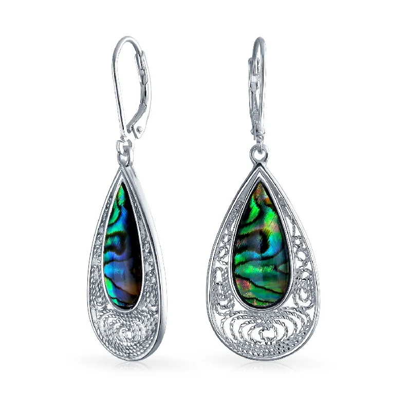 Geometric Drop Earrings for Trend -Rainbow Filigree Teardrop Dangle Earrings with Abalone Shell in Sterling Silver