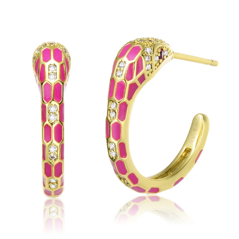 Indian Stud Earrings with Intricacy -RG 14k Yellow Gold Plated with Cubic Zirconia Pink Enamel Python Snake C-Hoop Earrings