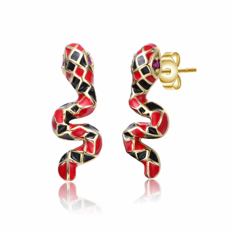 Detachable Stud Earrings with Charms -RG 14k Yellow Gold Plated with Ruby Cubic Zirconia Black & Red Enamel 3D Slithering Curling Snake Earrings