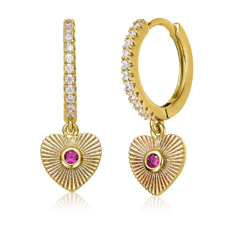 Stud Earrings with Pearls and Diamonds -RG 14k Yellow Gold Plated with Ruby Cubic Zirconia Sunray Heart Dangle Charm Hoop Earrings