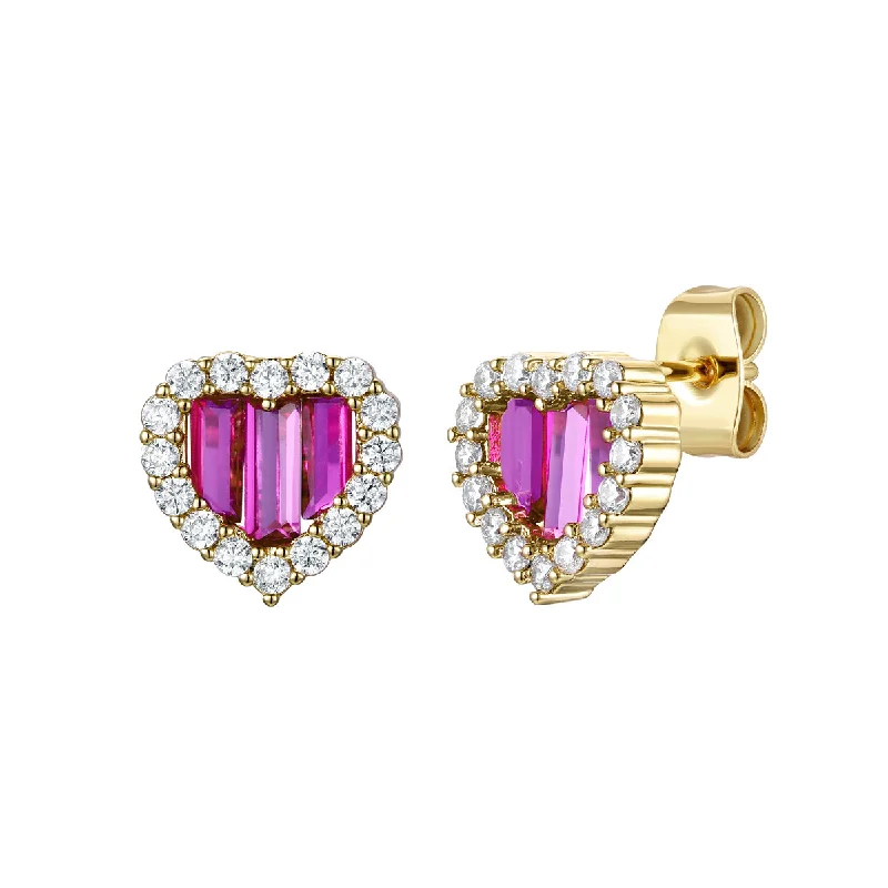 Push Back Stud Earrings for Convenience -Rg Young Adult 14k Gold Plated with Ruby & Diamond Cubic Zirconia Baguette Heart Halo Stud Earring