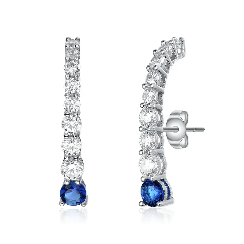 Triple Stud Earrings for Layered -Rhodium-plated With Blue Sapphire & Diamond Cubic Zirconia Curved Journey Earrings In Sterling Silver