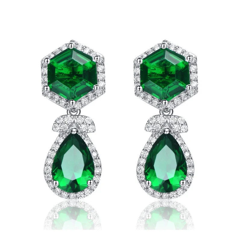 Stud Earrings with Floral Motifs -Rhodium-plated With Emerald & Diamond Cubic Zirconia Vintage Formal Halo Earrings In Sterling Silver