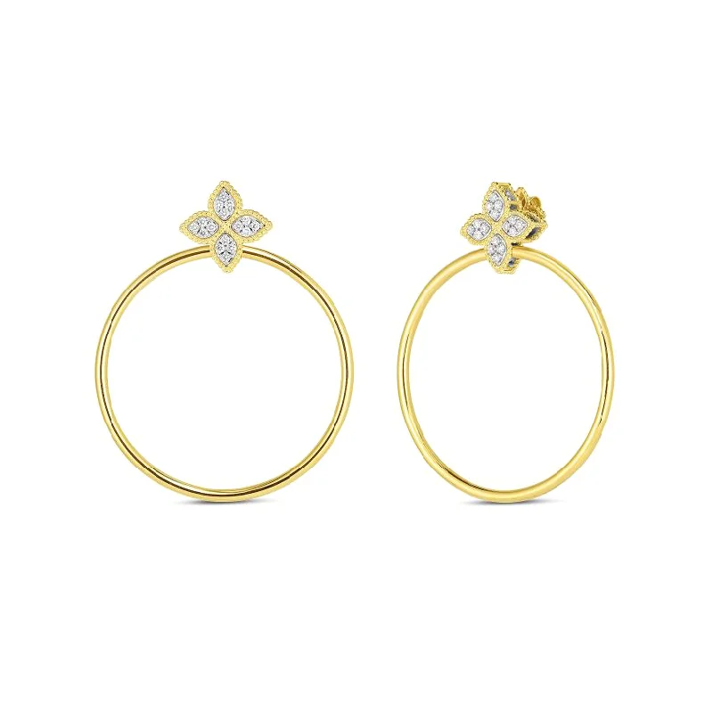 Drop Earrings for Casual Outfit -Roberto Coin Princess Flower 18K Yellow Gold Diamond Flower Earrings with Attached Hoops