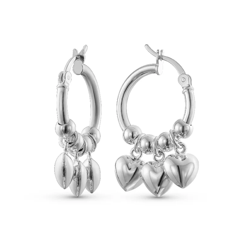 Maximalist Drop Earrings for Bling -Romantic Love Dangle Earrings with Multi Charms Heart Shaped Huggie Hoops in Silver