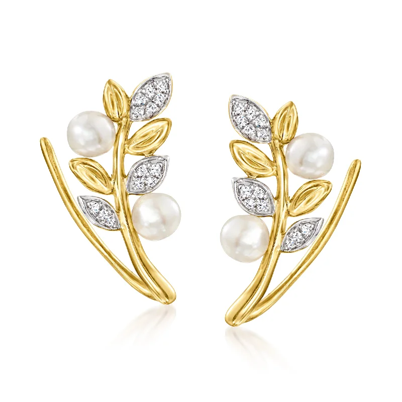 Stud Earrings for Bridesmaids Look -Ross-Simons 3.5-4mm Cultured Pearl Leaf Ear Climbers With Diamond Accents in 14kt Yellow Gold