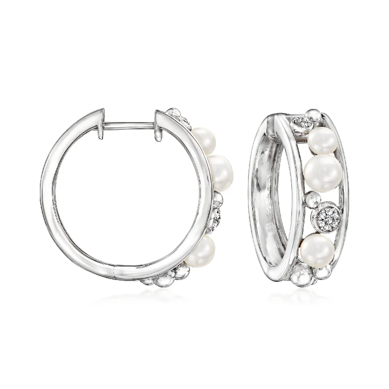 Square Stud Earrings for Modern -Ross-Simons 3.5-5mm Cultured Pearl Hoop Earrings With Diamond Accents in Sterling Silver