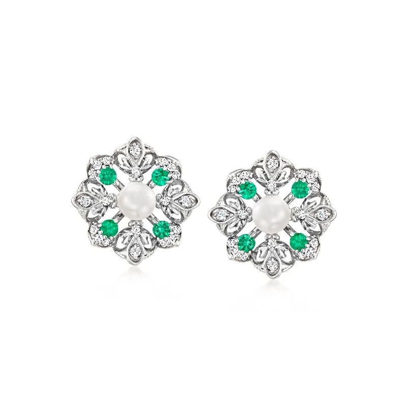 Gold Stud Earrings for Women -Ross-Simons 4-4.5mm Cultured Pearl and . Emerald Earrings With . Diamonds in Sterling Silver