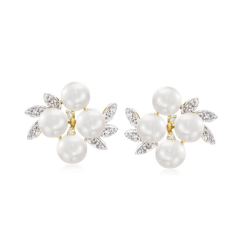 Large Stud Earrings for Statement -Ross-Simons 5.5-6mm Cultured Pearl Cluster Earrings With Diamond Accents in 14kt Yellow Gold