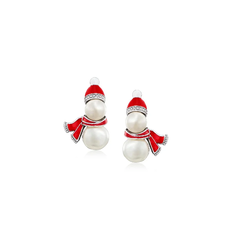 Silver Stud Earrings for Men -Ross-Simons 6.5-9mm Cultured Pearl Snowman Earrings With Multicolored Enamel and Diamond Accents in Sterling Silver