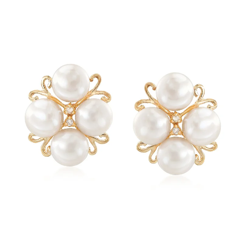 Stud Earrings for Anniversary -Ross-Simons 6-6.5mm Cultured Pearl Cluster Earrings With Diamond Accents in 14kt Gold