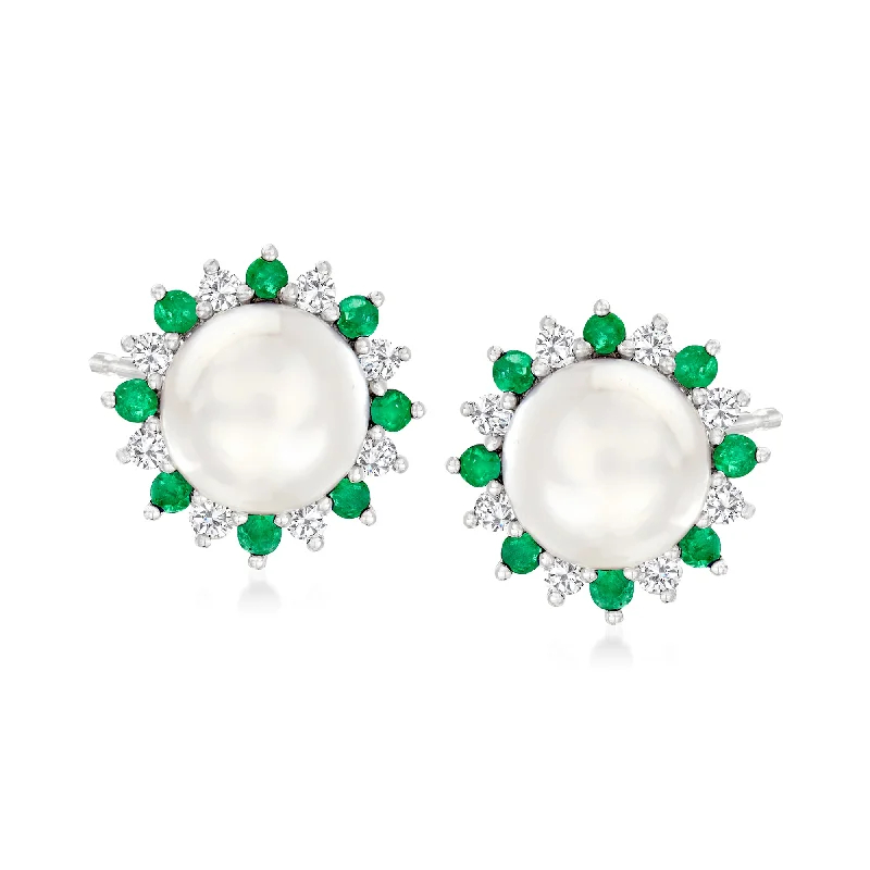 Stud Earrings for Birthday Celebration -Ross-Simons 7-7.5mm Cultured Pearl and . Emerald Earrings With . White Sapphire in Sterling Silver