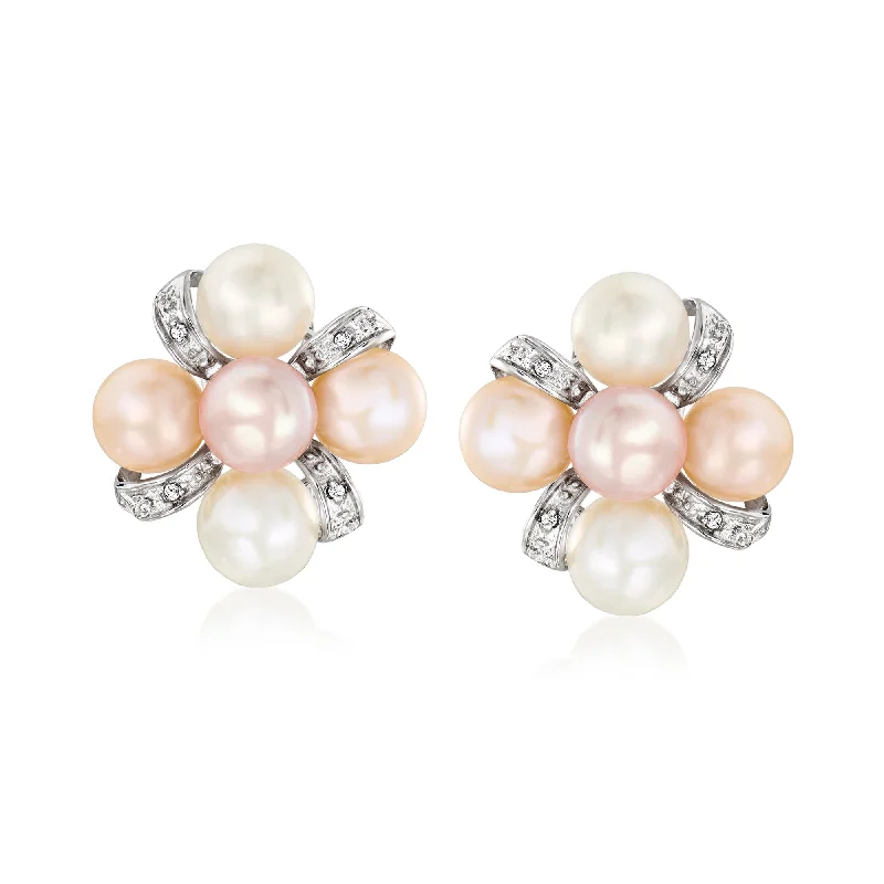 Stud Earrings with Symbolic Elements -Ross-Simons 7-7.5mm Multicolored Cultured Pearl Earrings With Diamonds in Sterling Silver