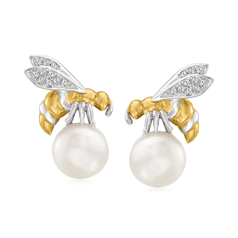 Leverback Stud Earrings for Comfort -Ross-Simons 8-8.5mm Cultured Pearl Bee Earrings With Diamond Accents in Sterling Silver and 18kt Gold Over Sterling