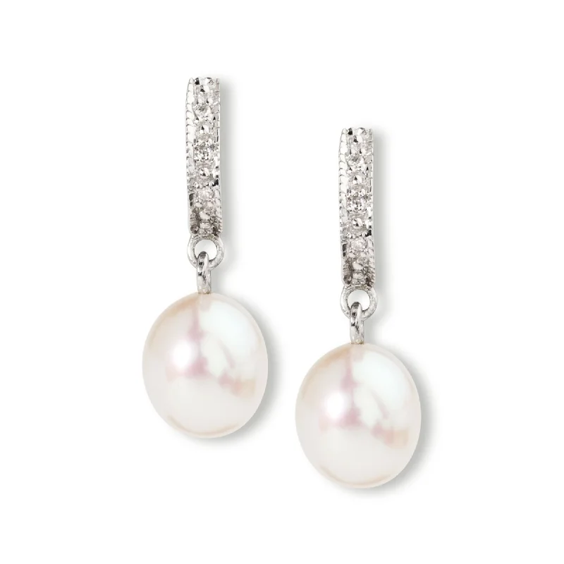 Stud Earrings with Enamel -Ross-Simons 8-9mm Cultured Pearl Dangle Earrings With Diamond Accents in Sterling Silver