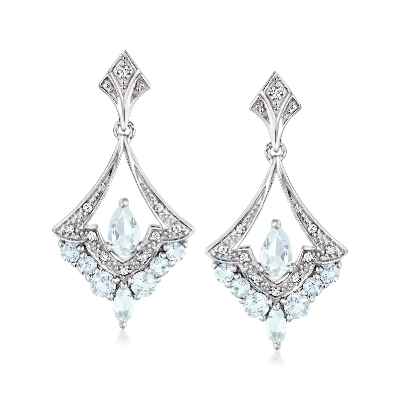 Stud Earrings for Valentine's Day -Ross-Simons Aquamarine Chandelier Earrings With Diamonds in Sterling Silver