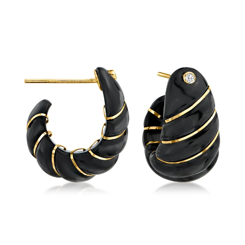 Stud Earrings with Textured Surface -Ross-Simons Black Jade and . White Topaz J-Hoop Earrings With 14kt Yellow Gold