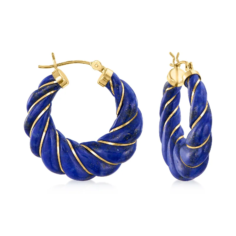 Stud Earrings for Festival Style -Ross-Simons Carved Lapis Hoop Earrings With 14kt Yellow Gold