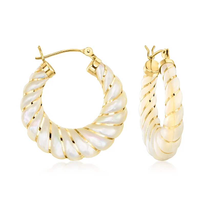 Stud Earrings with Hammered Finish -Ross-Simons Carved Mother-Of-Pearl Hoop Earrings With 14kt Yellow Gold