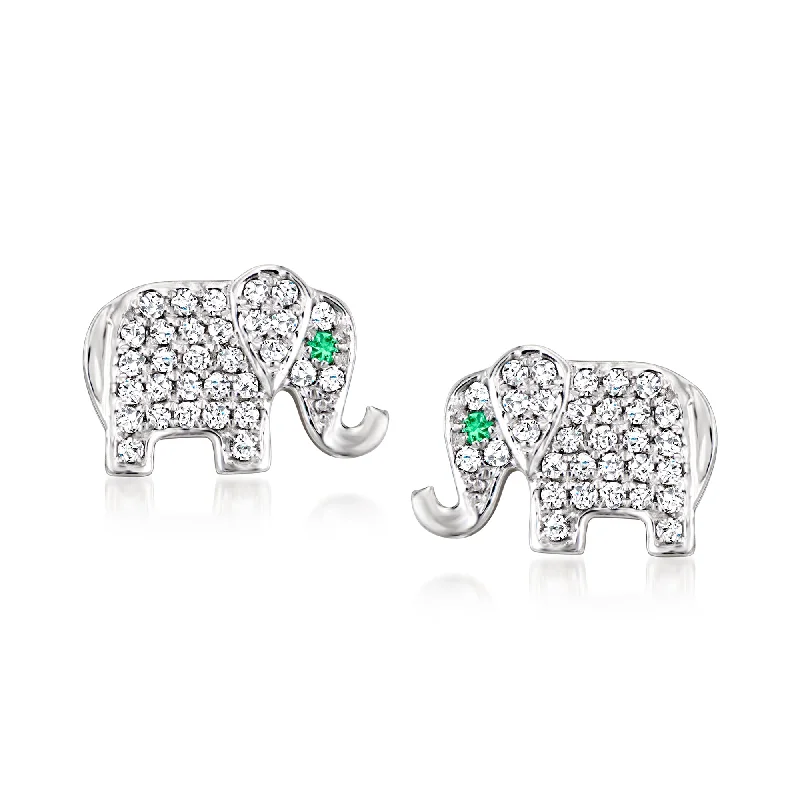 Stud Earrings with Etching -Ross-Simons Diamond Elephant Earrings With Emerald Accents in Sterling Silver