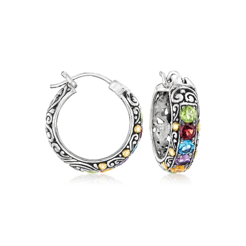 Animal Print Stud Earrings for Fun -Ross-Simons Multi-Gemstone Bali-Style Hoop Earrings in Sterling Silver With 18kt Yellow Gold