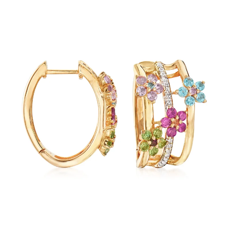 Stud Earrings with Matte Finish -Ross-Simons Multi-Gemstone Flower Hoop Earrings With Citrine Accents in 18kt Gold Over Sterling