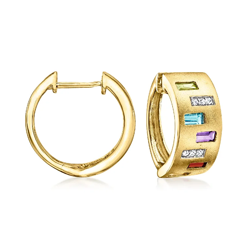 Stud Earrings for Concert Look -Ross-Simons Multi-Gemstone Hoop Earrings With Diamond Accents in 14kt Yellow Gold