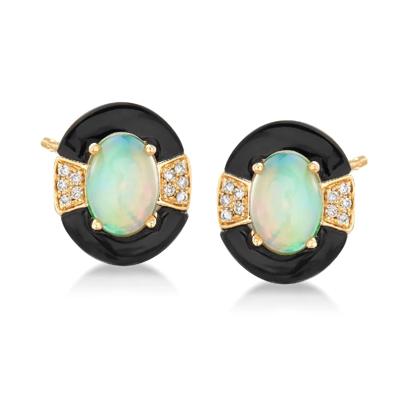 Stud Earrings for Work Attire -Ross-Simons Opal and Black Onyx Earrings With Diamond Accents in 14kt Yellow Gold