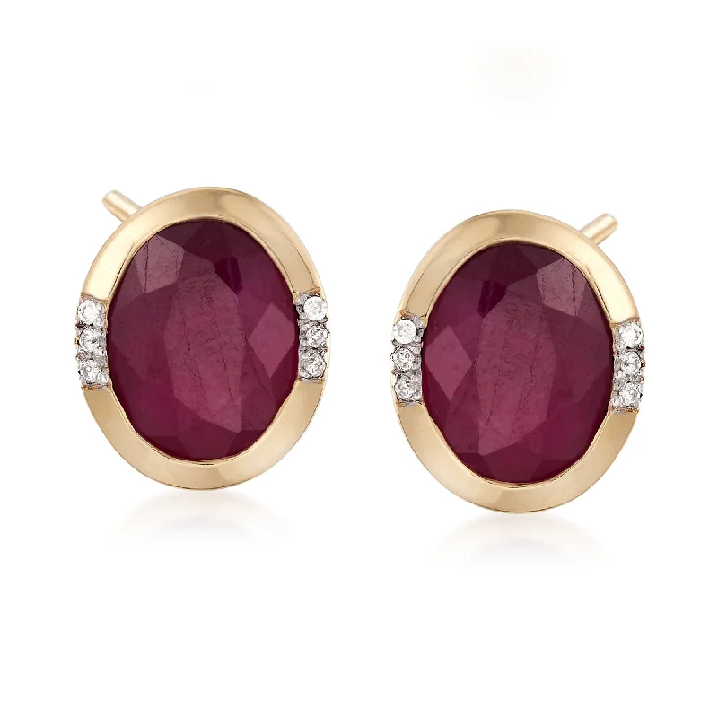 Gemstone Stud Earrings for Color -Ross-Simons Oval Ruby Earrings With Diamond Accents in 14kt Yellow Gold