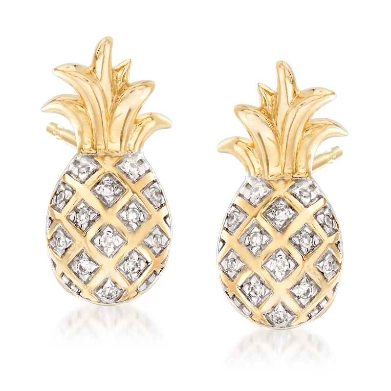 Stud Earrings with Textured Surface -Ross-Simons Pineapple Earrings With Diamond Accents in 14kt Yellow Gold