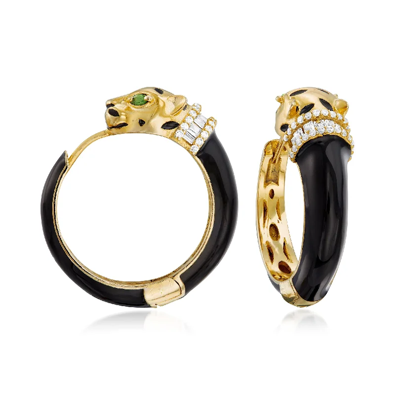 Stud Earrings for Party Look -Ross-Simons White Zircon and . Green Chrome Diopside Panther Hoop Earrings in 18kt Gold Over Sterling With Black Enamel