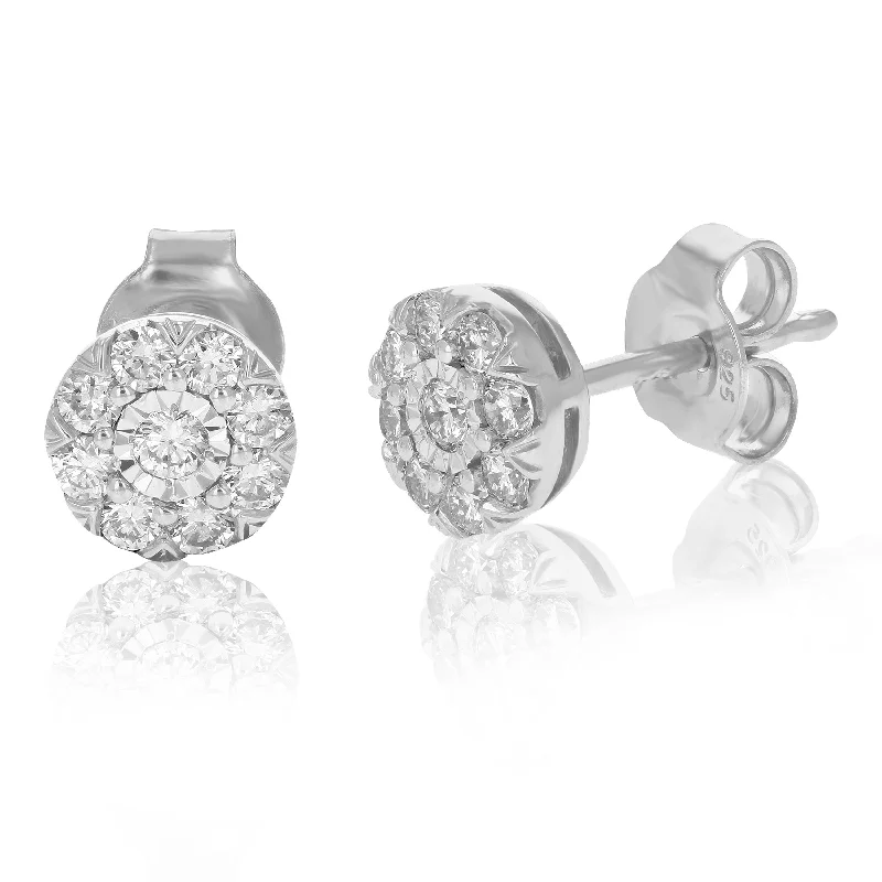 Stud Earrings with Embossed Patterns -Round Cut 1/2 cttw Lab Grown Diamond Stud Earrings .925 Sterling Silver Prong Set