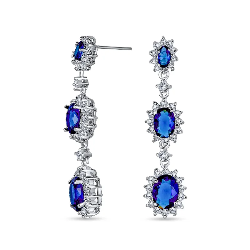 Celtic Drop Earrings with Knotwork -Royal Blue Triple Oval Dangle Chandelier Earrings with Simulated Sapphire CZ