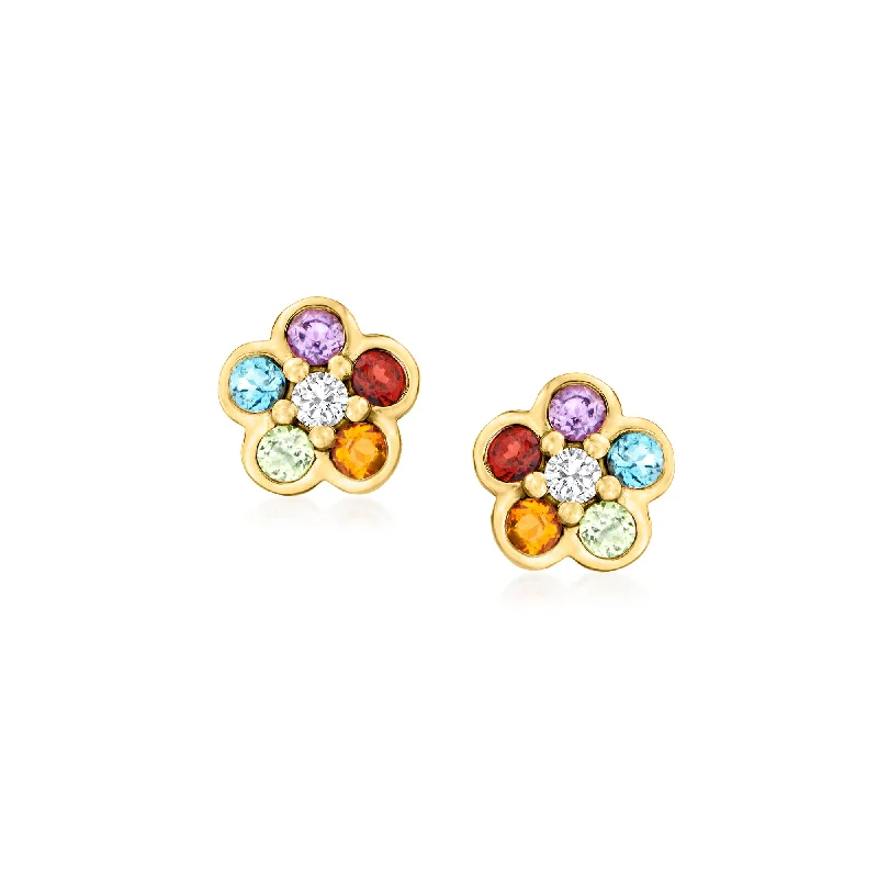 Double Stud Earrings for Impact -RS Pure by Ross-Simons Multi-Gemstone Flower Earrings With Diamond Accents in 14kt Yellow Gold