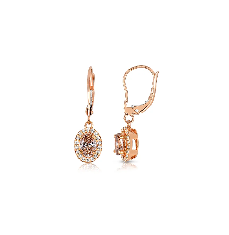 Drop Earrings for Bridesmaids Look -Sabel Collection 14K Rose Gold Oval Fancy Diamond Dangle Earrings with White Diamond Halo