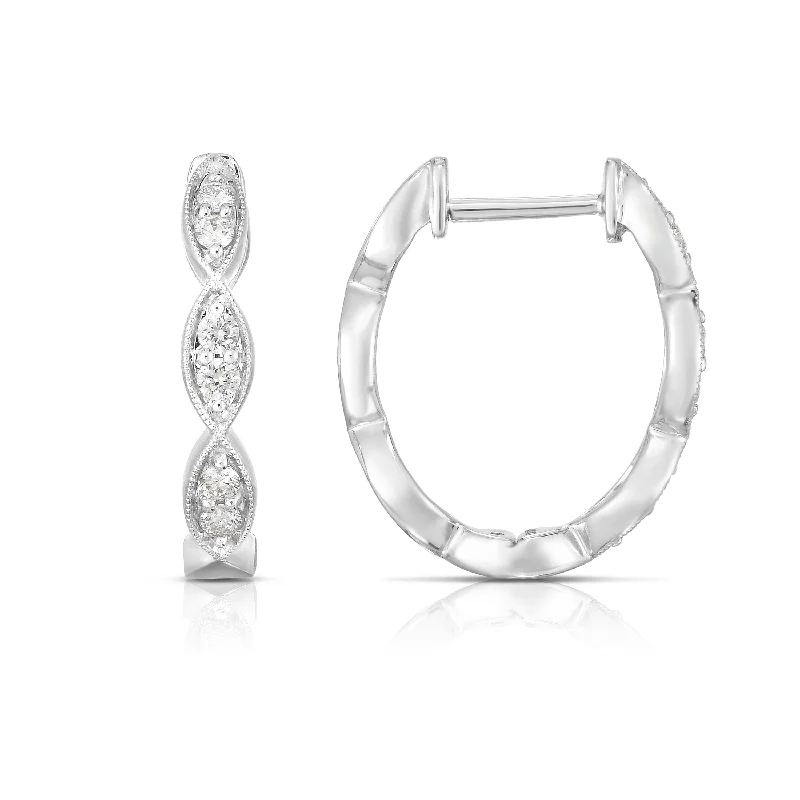 Drop Earrings for Birthday Celebration -Sabel Collection 14K White Gold Diamond Hoop Earrings with Milgrain Accents