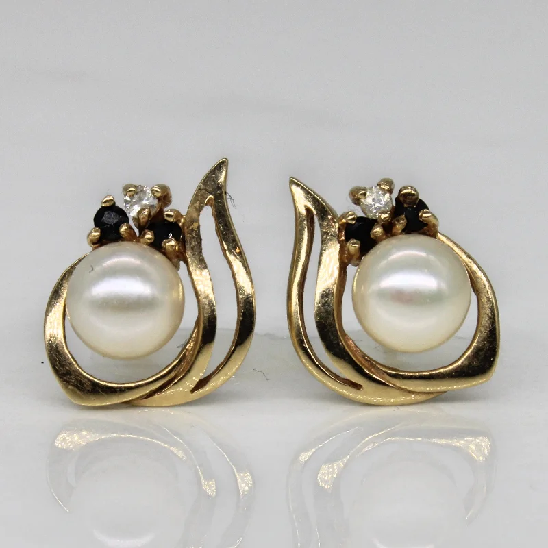 Stud Earrings for Anniversary -Pearl & Sapphire Stud Earrings | 0.08ctw, 0.03ctw |