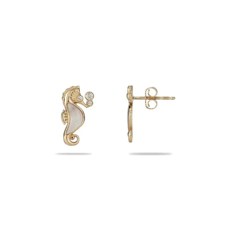 Drop Earrings with Hammered Finish -Sealife Seahorse Mother of Pearl Earrings in Gold with Diamonds - 15mm