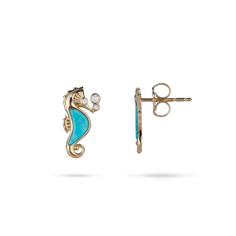 Drop Earrings with Polished Shine -Sealife Seahorse Turquoise Earrings in Gold with Diamonds - 15mm