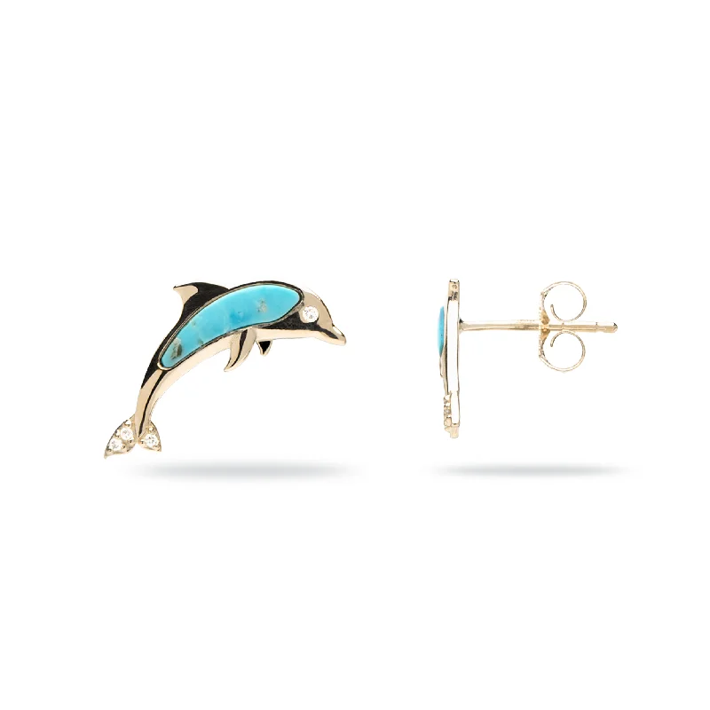 Drop Earrings with Vine Designs -Sealife Dolphin Turquoise Earrings in Gold with Diamonds