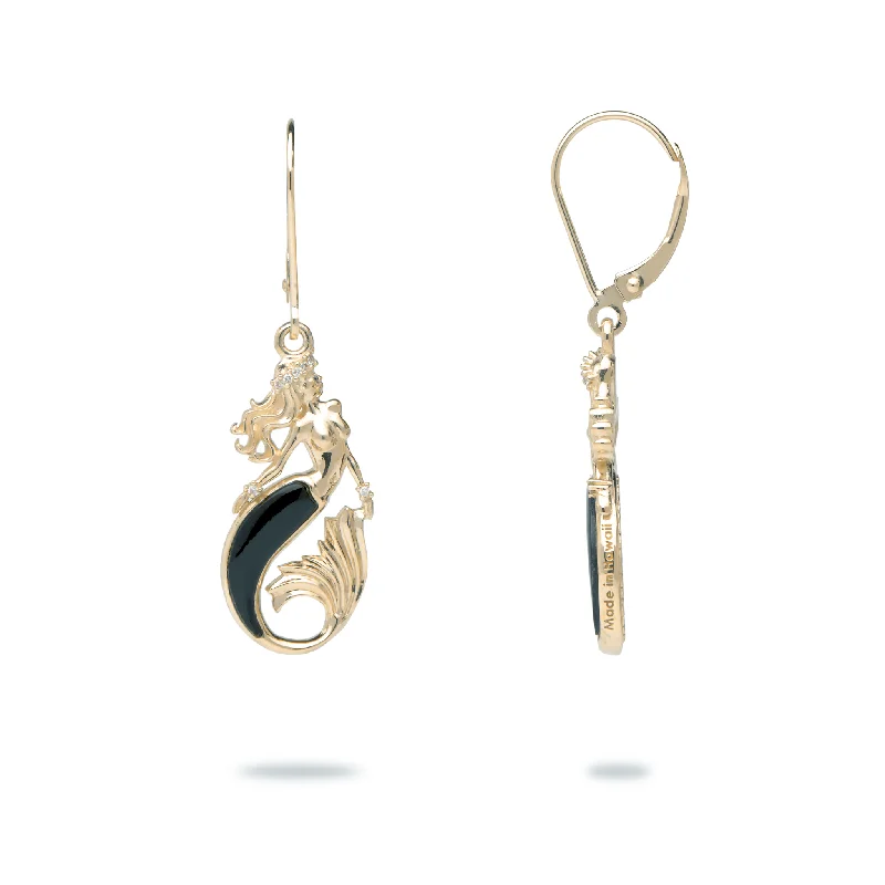 Drop Earrings for Work Attire -Sealife Mermaid Black Coral Earrings in Gold with Diamonds - 24mm