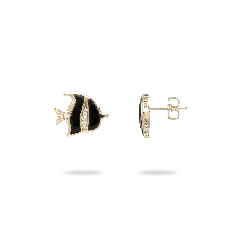 Drop Earrings with Etched Designs -Sealife Angelfish Black Coral Earrings in Gold with Diamonds - 12mm