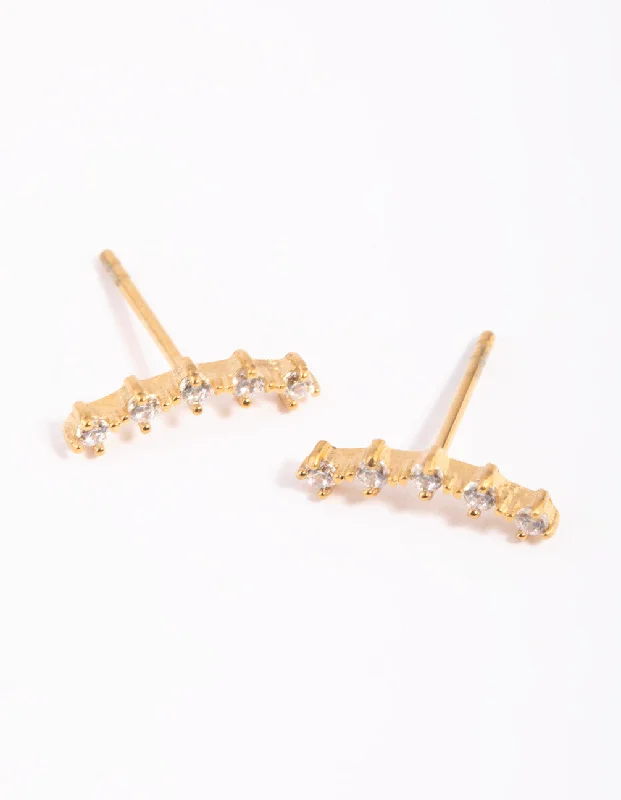 Drop Earrings with Embossed Patterns -Gold Plated Studs with Cubic Zirconia