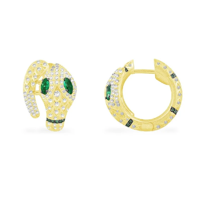 Drop Earrings with Infinity Symbols -Serpent Hoop Earrings with Green Stones - Yellow Silver