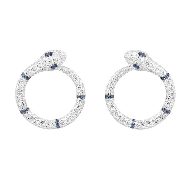 Diamond Drop Earrings for Luxury -Serpent Round Earrings with Navy Blue Stones - White Silver