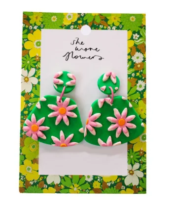 Drop Earrings with Chevron Designs -She Wore Flowers Dangles - Green With Pink Flowers